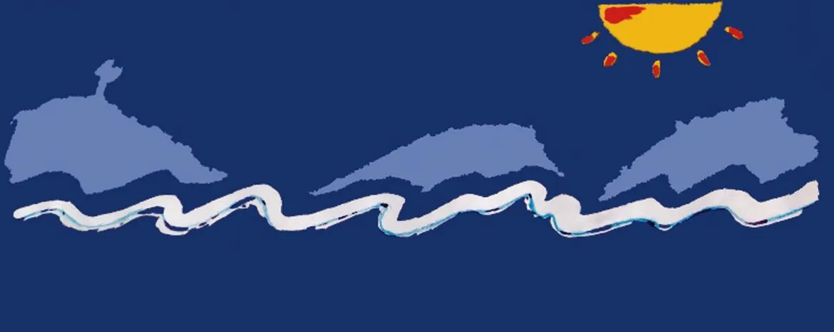 Un dibujo de olas y un sol sobre un fondo azul.