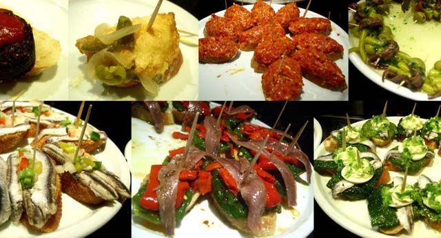 Collage de varios pintxos diferentes.